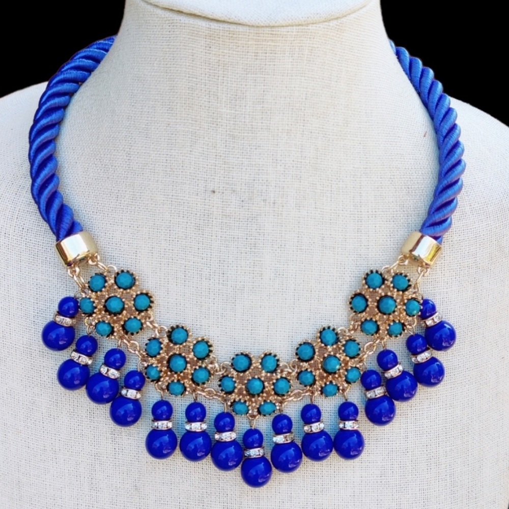 Banana Republic Royal Blue & Turquoise Cabochon Rope Gold Statement Necklace